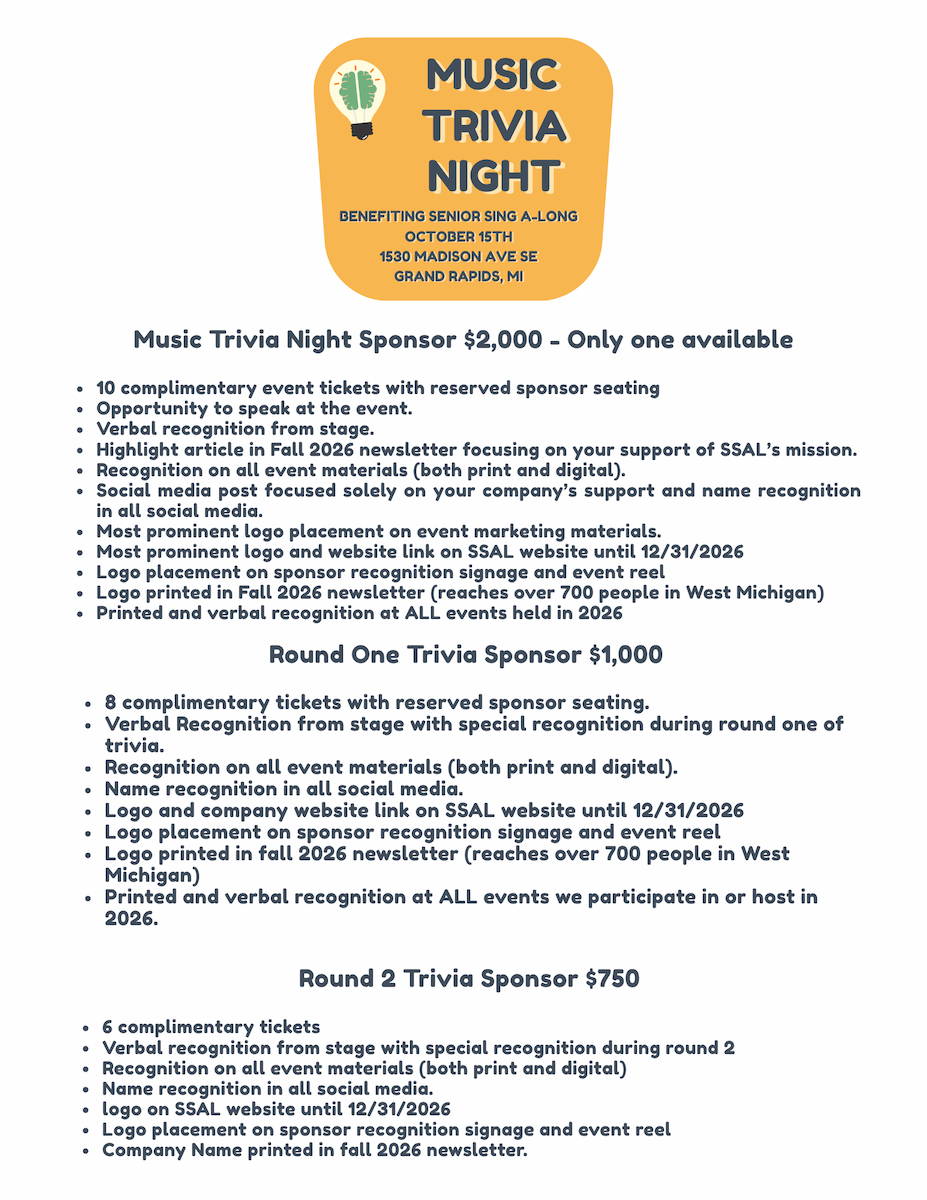 Senior Sing Along Music Trivia Night Sponsor Levels 