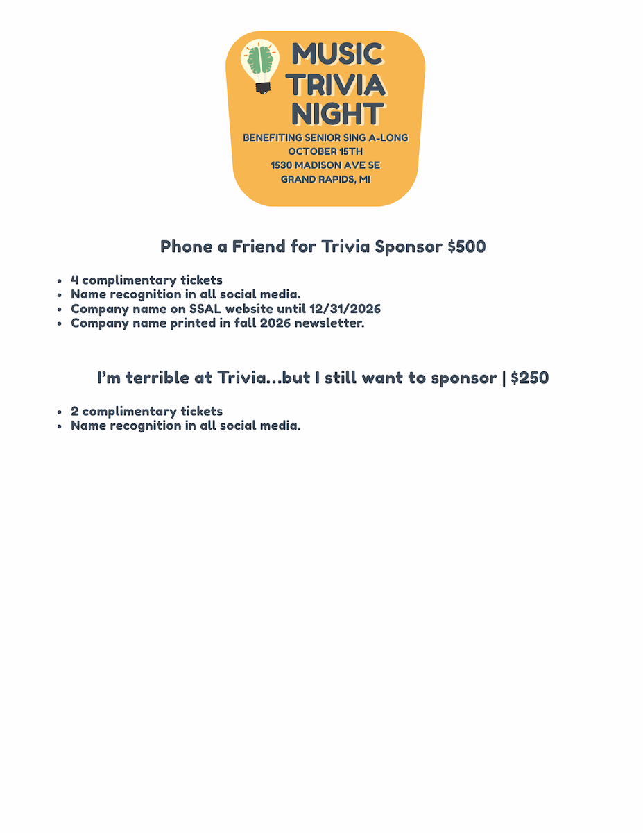 Senior Sing Along Music Trivia Night Sponsor Levels